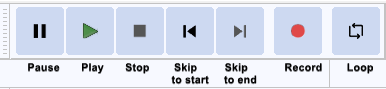 Transport Toolbar buttons, annotated - click on the image to see this toolbar displayed in context of the default upper tooldock layout